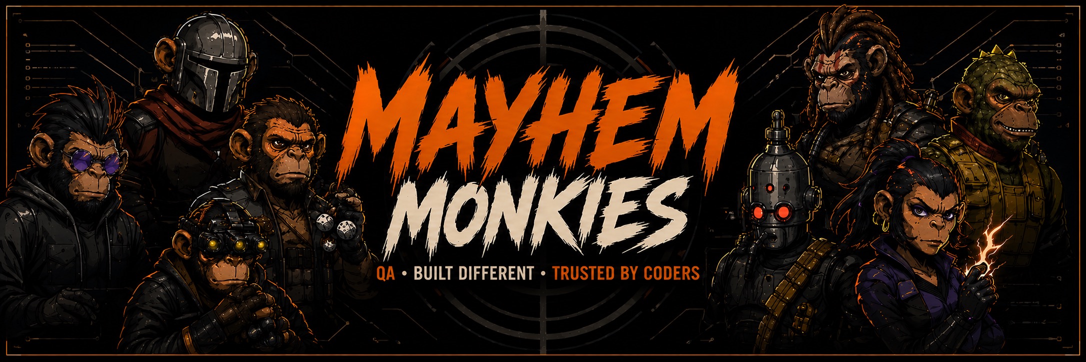 Mayhem Monkies — QA Bug Hunters For Hire. Post A Target. 8 Specialist Hunters, 24h First Fix, 0 Bugs Left Behind.